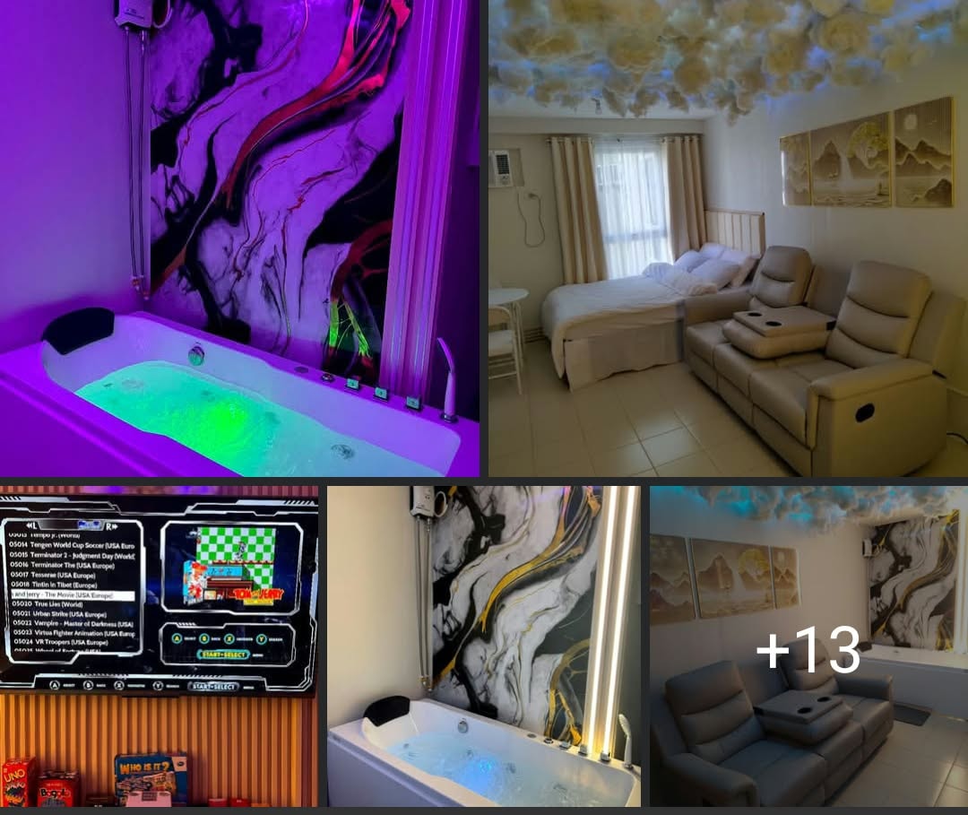 Cozy staycation with jacuzzi and neon lighting